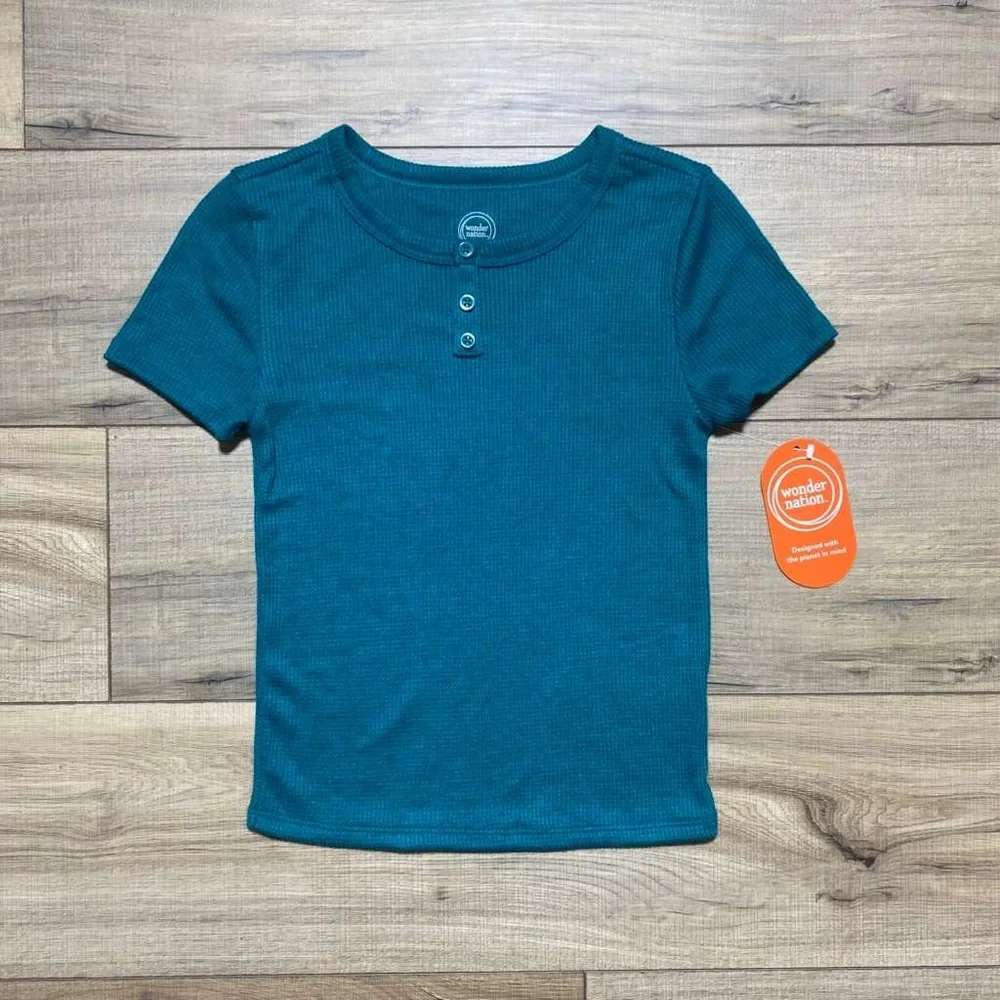 Wonder Nation Girls Short Sleeve Waffle‎ Henley Tee Size M (7-8) Teal Green